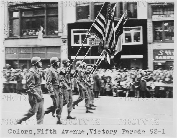 Row of Soldiers Marching with Flags During Victory Parade on Fifth Avenue, New York City, USA, 1946