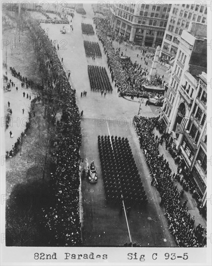 WWII Soldiers Marching on Fifth Avenue During Victory Parade, High Angle View, New York City, USA, 1946