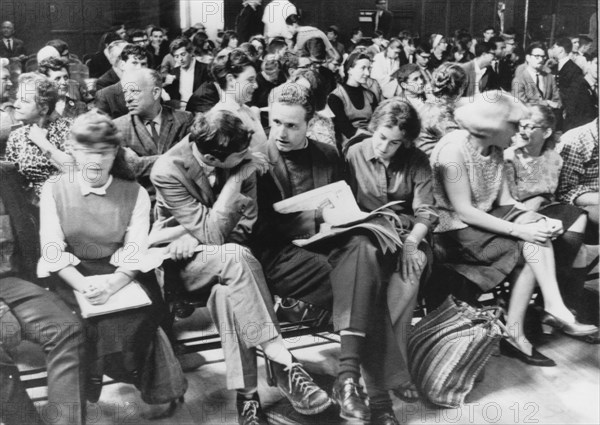 Mario Savio, A Leader of the University of California Free Speech Movement, Center, with Jack Weinberg and Susan Goldberg and other Arrested Demonstrators During Trial, Berkeley, California, USA, 1965