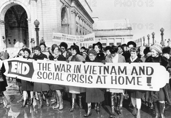 Crowd of Women including Jeannette Rankin (center with glasses), First Woman Elected to Congress, Protesting Vietnam War outside of Union Station on their Way to Capitol, Washington, D.C., USA, 1965