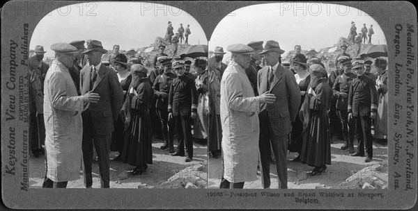 U.S. President Woodrow Wilson and Brand Whitlock, U.S. Minister to Belgium, Amongst Crowd, Nieuport, Belgium, 1919, Stereo Card