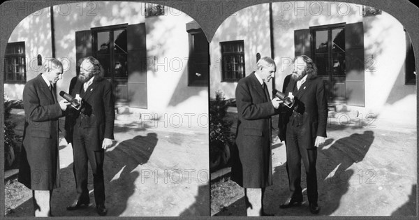 "Mr. Lewis tells me you Haven't Seen This. Let me put it in the Glass for You", Henry Ford and Anton Lang, Oberammergau, Germany, Stereo Card, 1930