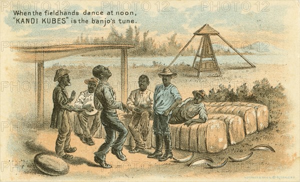 African-American Men Dancing and Singing with Banjo, Candy Trade Card, "Kandi Kubes", Warren Candy Company, circa 1880's