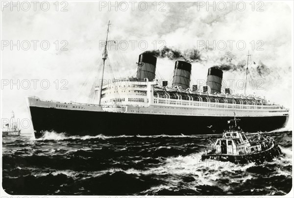 Cunard-White Star Line Ocean Liner, Queen Mary, photo from Painting of Maiden Voyage by Artist Jack Gray