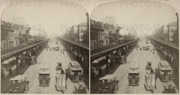 Street Scene, Bowery, New York City, USA, "Along the Noted Bowery, New York USA", Stereo Card, 1896
