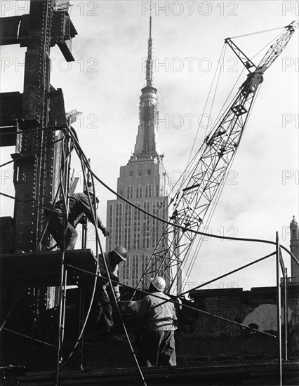 Demolition Workers Removing Remains of Pennsylvania Station with Empire State Building in Background, New York City, USA, 1966