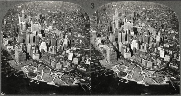 Downtown Manhattan Skyline, New York City, USA, High Angle View, Stereo Card, circa 1925