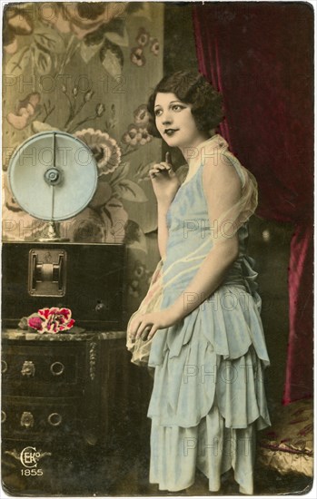 Woman Listening to Radio, Hand-Colored Postcard, circa 1930