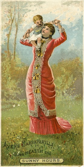 Mother with Child on Shoulder in Field, Ayer's Sarsaparilla Gives Health and Sunny Hours, Trade Card, circa 1900