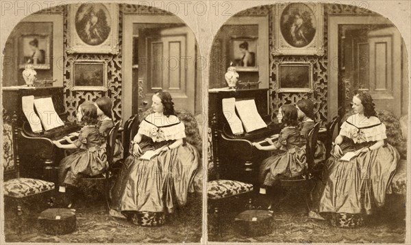 Seated Woman Behind Two Seated Girls Playing Piano, Evening Music, Stereo Card, circa 1890