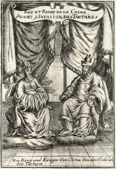 Chongzhen Emperor (1611-1644) 16th and Last Emperor of Ming Dynasty in China, with Empress Zhuang Lie Min, Woodcut, circa 1719