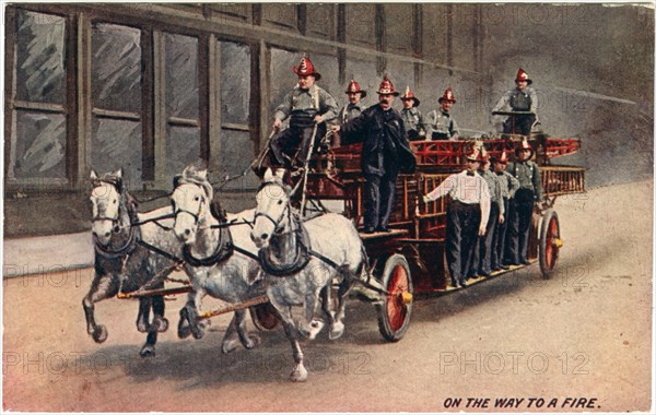 Firemen on Horse-Drawn Fire Truck, "On the Way to a Fire", Chicago, USA, Postcard, circa 1890