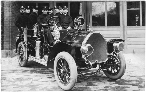 Group of Firemen on Fire Truck, Auxiliary Squad B, Springfield, Massachusetts, USA, Postcard, circa 1915