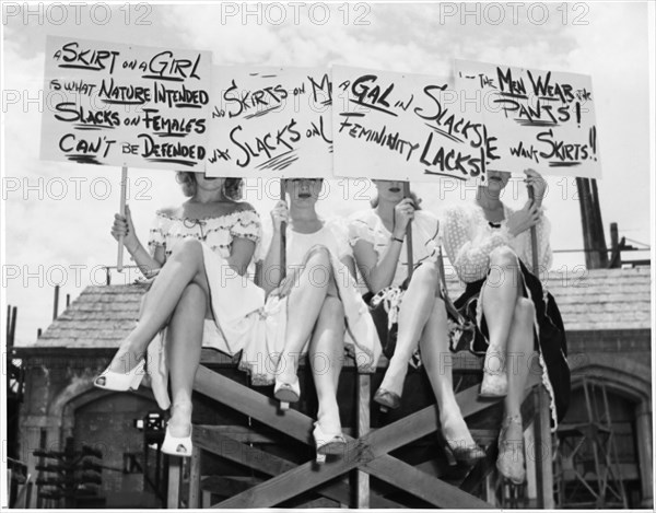 Group of "Goldwyn Girls" in Skirts Holding Signs in Anti-Slacks Protest for their upcoming Film, "The Kid from Brooklyn", 1945