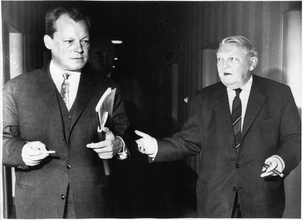 Mayor Willie Brandt of West Berlin and Ludwig Erhard, Economics Minister, in Discussion, Bonn, West Germany, 1961