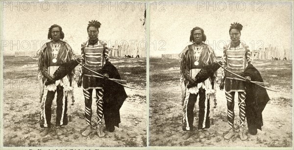 1st and 2nd Chief of the Mandans, Fort Berthold, Dakota Territory, USA, Stereo Card, circa 1880