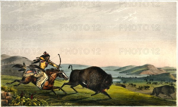 Hunting the Buffalo, Rice Rutter & Co, from a Painting by Peter Rindisbacher "Assiniboin Hunting on Horseback", 1836