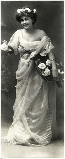 Woman in White Dress Standing with Flowers, Dry Cleaning Trade Ad, Milwaukee, Wisconsin, circa 1900
