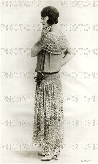 Fashionable Woman Wearing Long Dress of Spanish Lace and Canton Crepe, Portrait, circa 1922
