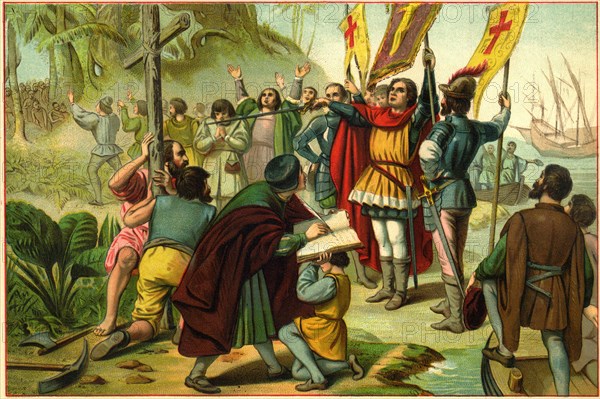Columbus Taking Possession of the New World, Illustration, circa 1892