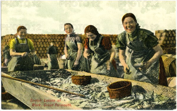 Four Lasses of Work, Great Yarmouth, Norfolk, England, Hand-Colored Postcard