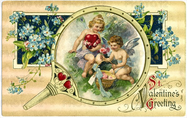 Girl Holding Heart, Cupid with Red Flowers, Surrounded by Blue Flowers, "St. Valentine's Greeting",  Postcard, circa 1912
