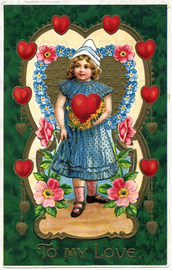 Girl in blue Dress Holding Heart in Green frame with 8 Hearts, "To My Love", Postcard, circa 1913