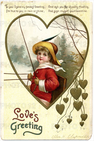 Boy in Red Jacket Holding Reins in Heart Frame, "Love's Greeting", Postcard, circa 1913