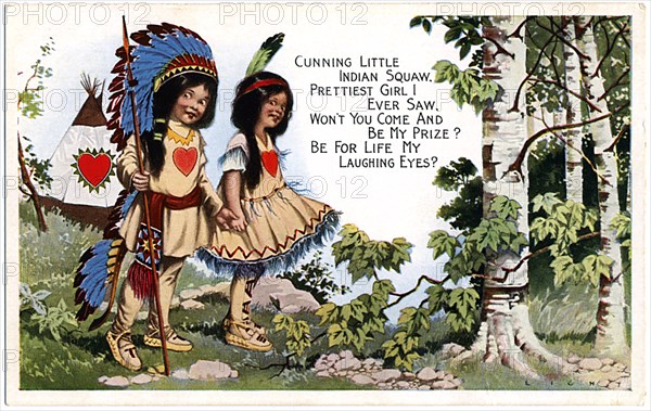 Boy and Girl in Native American Costumes, Valentine Postcard