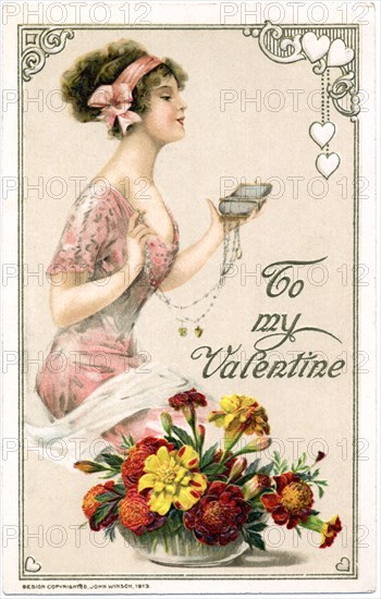 Woman in Pink Dress Holding Large Locket, "To my Valentine", Postcard, circa 1913
