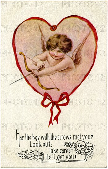 Cupid with Bow & Arrow in Heart Frame, Valentine Postcard, circa 1912