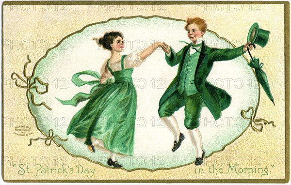 Girl and Boy in Green Clothes Dancing, "St. Patrick's Day in the Morning", Postcard, circa 1908