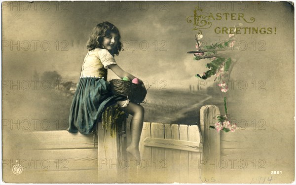 Girl Sitting on Fence Post Holding Basket of Eggs, "Easter Greetings", Hand-Colored Postcard, circa 1914