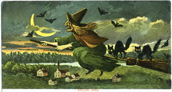 Witch on Broom with Black Cats and Bats, "Salem 1692", Postcard