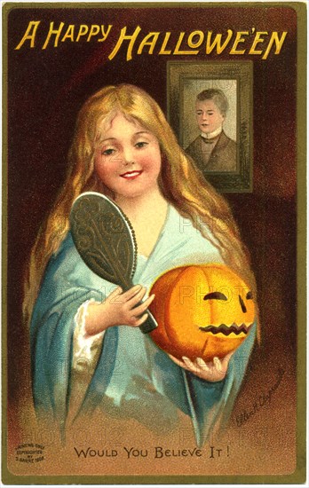 Girl Holding Jack-o-Lantern and Mirror, "A Happy Hallowe'en, Would you believe it", Postcard, circa 1909