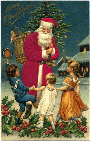 Santa Claus with Three Children, "Merry Christmas", Postcard