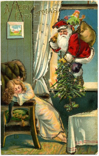 Santa Claus Entering Window with Gifts and Tree as Young Girl Sleeps in Chair, "A Merry Christmas", Postcard