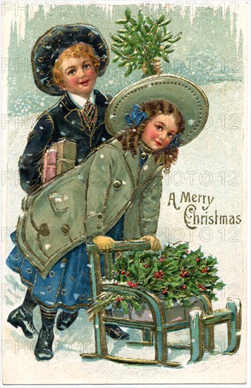 Boy and Girl with Small Sled in Snow, "A Merry Christmas", Postcard