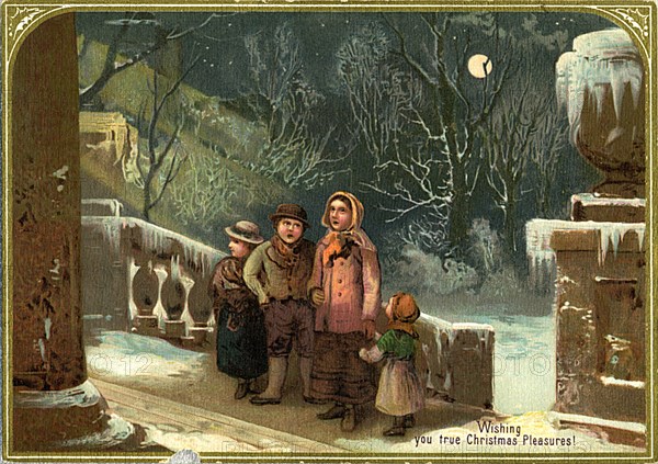 Family Singing Christmas Carol, "Wishing you True Christmas Pleasures", Postcard