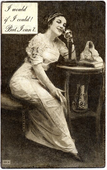 Seated Woman Holding Telephone to Ear, "I Would if I could! But I can't", Postcard, circa 1910