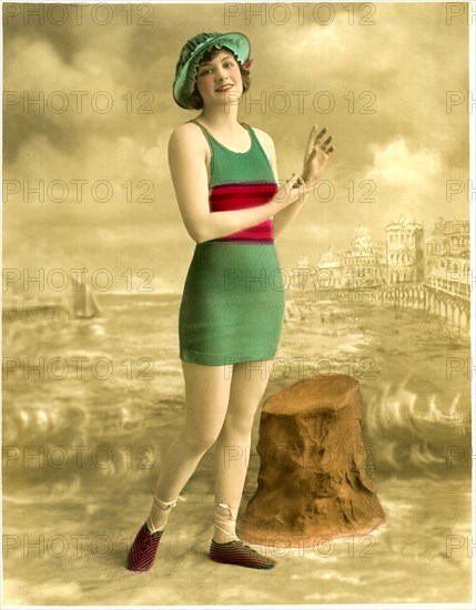 Woman in Green Swimsuit with Red Band, Striped Shoes, Portrait, circa early 1900's