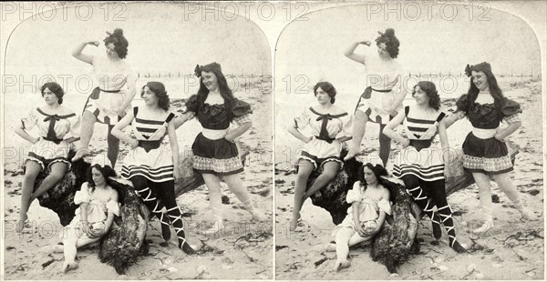 Five Women in Swim Dresses on Beach Looking out to Sea, Stereo Card, 1907