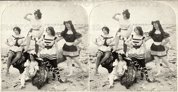 Five Women in Swim Dresses on Beach Looking out to Sea, Stereo Card, 1907
