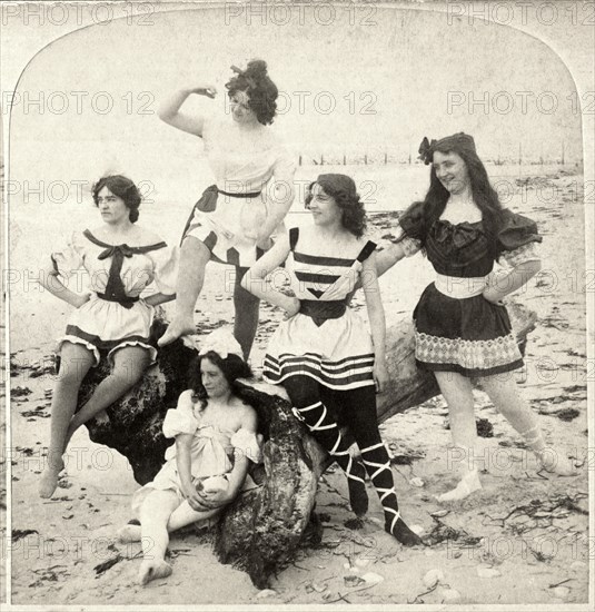 Five Women in Swim Dresses on Beach Looking out to Sea, Single Image of Stereo Card, 1907