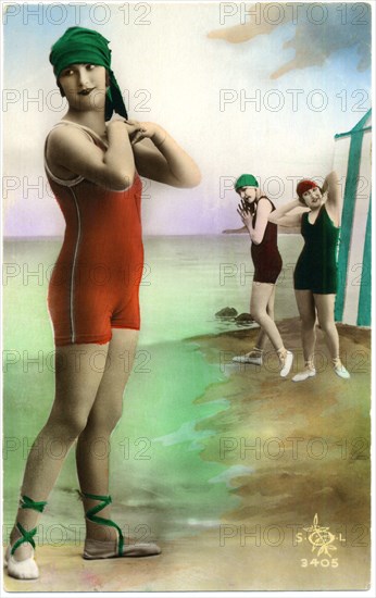 Three Fashionable Women in One-Piece Swimsuits, Hand-Colored French Postcard, circa early 1900's