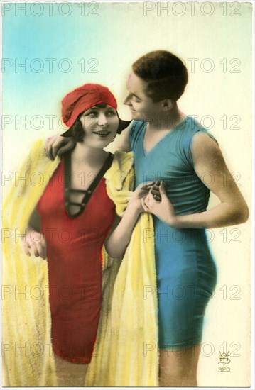 Woman and Man in One-Piece Swimsuits, Hand-Colored French Postcard, circa early 1900's