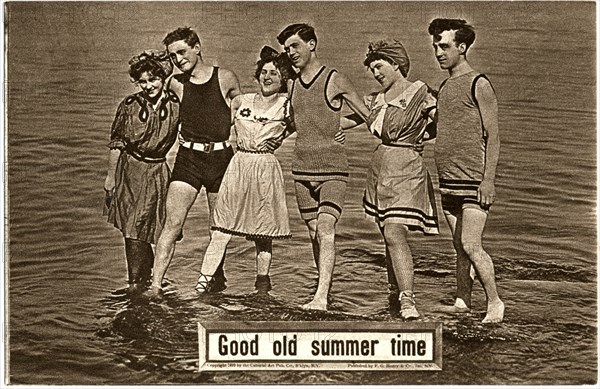 Three Couples Bathing Suits Standing in Shallow Water, "Good old Summer Time", Postcard, circa 1910