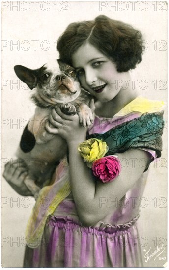 Woman Holding Boston Terrier Dog, Hand-Colored Italian Postcard, circa 1910's