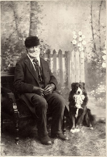 Seated Man on Bench with Dog, Studio Portrait, circa 1897
