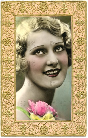 Smiling Blonde Woman with Rose, Framed, Hand-Colored Postcard, circa 1910's